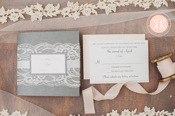 Lace wrapped wedding invitation