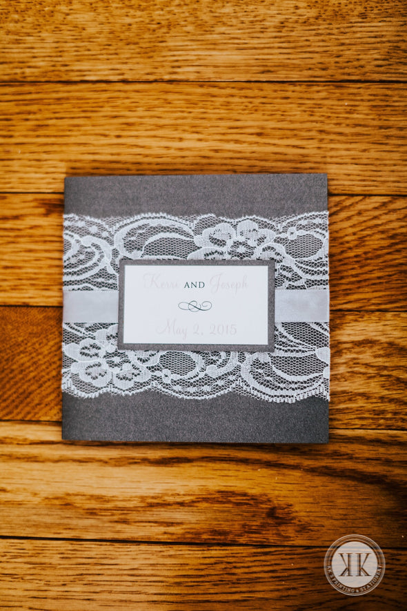 Gray and Blush Lace Ribbon Wrapped Invitation Suite