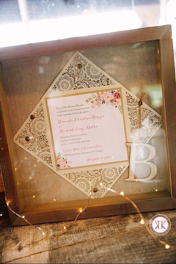 Boho Floral Diecut Gold Glitter Wedding Invitation
